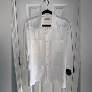Vintage Oscar de la Renta White Guayabera Shirt Size L Ramie Blend Panama
